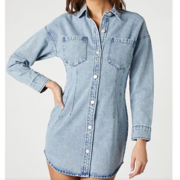 Sold Out NWT Forever 21 Denim Button-Front Mini Dress L & XL - Picture 2 of 5